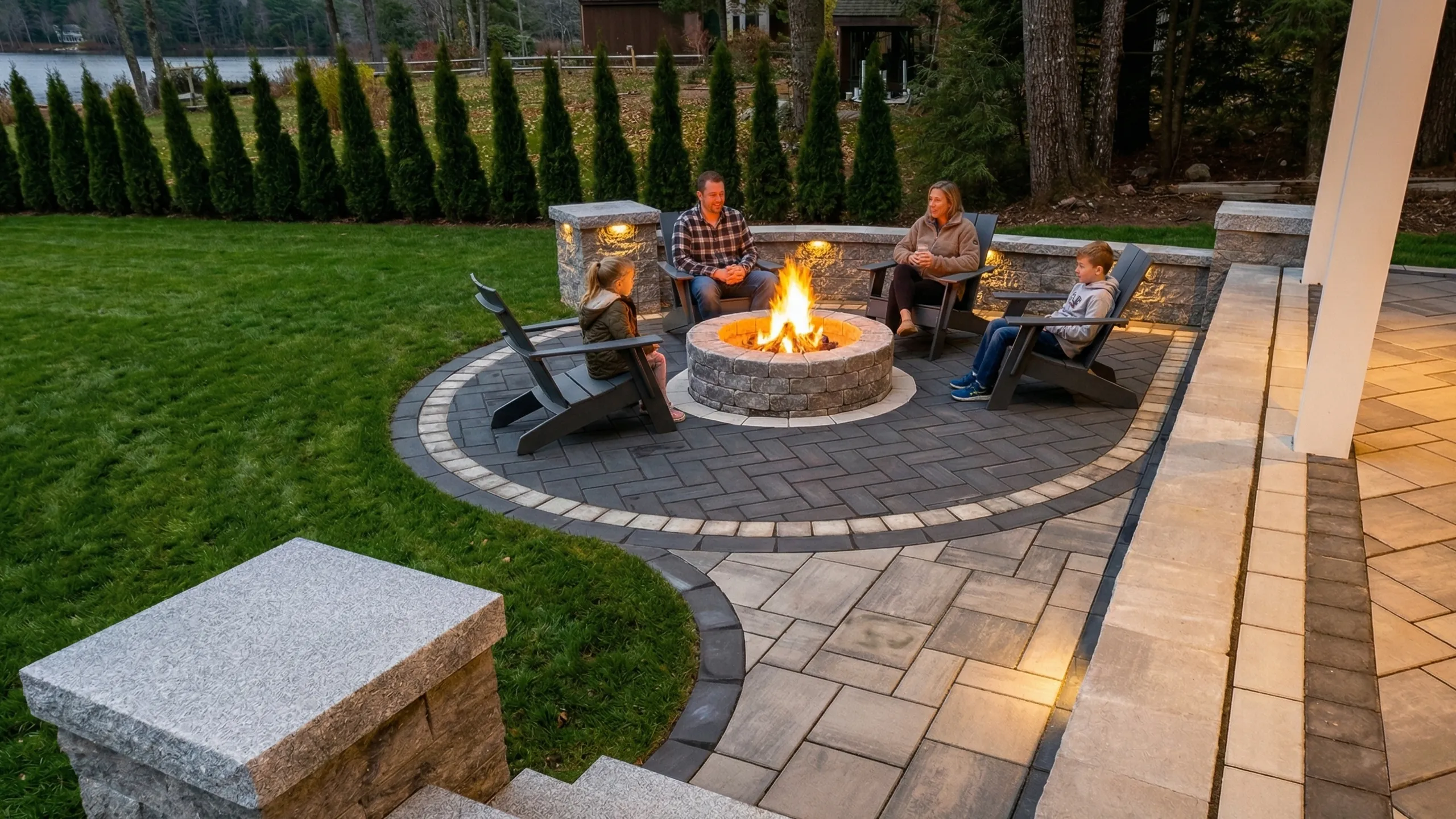 A family enjoying a custom gas fire pit installation in New Hampshire on a crisp fall evening