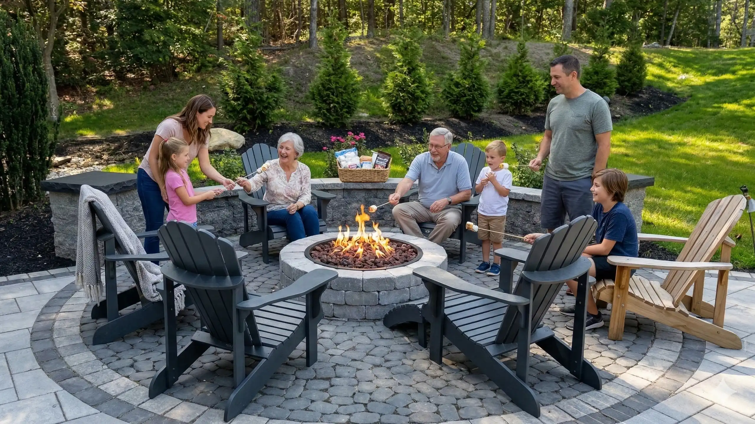 Family roasting marshmallows over a custom fire pit built by Outdoor Lifestyles