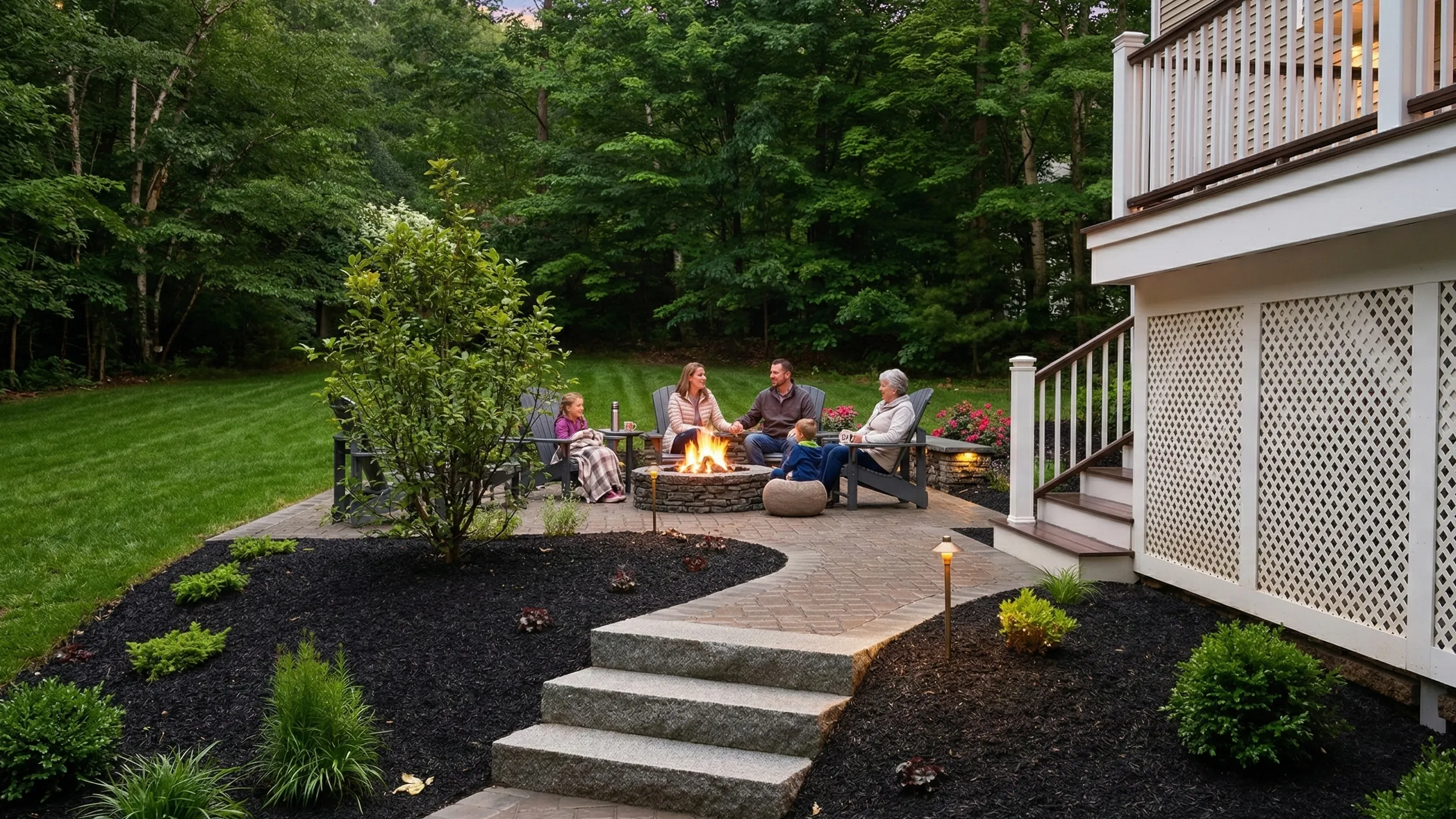 Family enjoying a custom paver patio and fire pit built by Outdoor Lifestyles